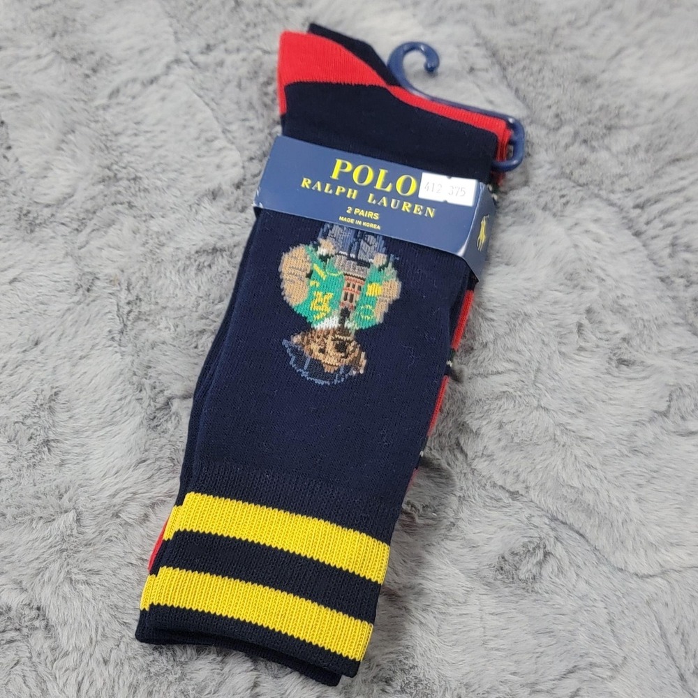Polo Ralph Lauren Socks Mens 10-13 Navy Red Preppy Bear Stripe 2 Pack Mid Calf